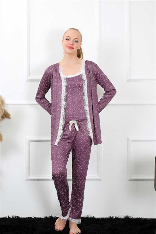 Moda Çizgi Kadın 3'lü Mürdüm Sabahlık Pijama Takım 16103 - 3