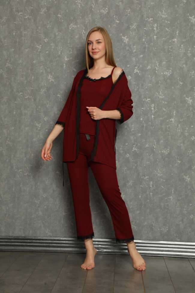 moda çizgi Kadın 3'lü Sabahlık Pijama Takım 20595 - 6