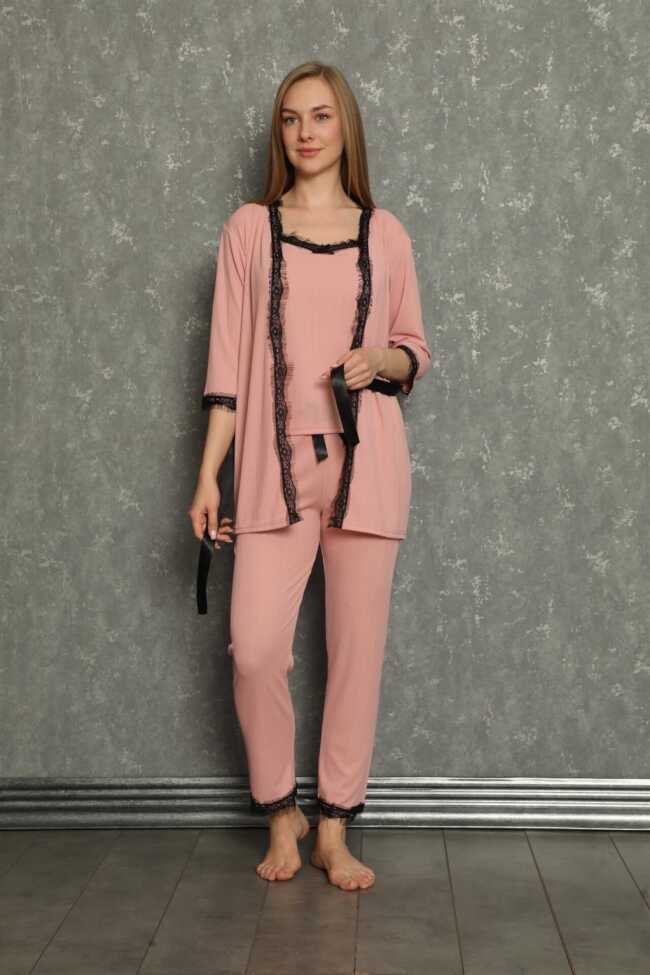 Moda Çizgi Kadın 3'lü Sabahlık Pijama Takım 20598 - 3