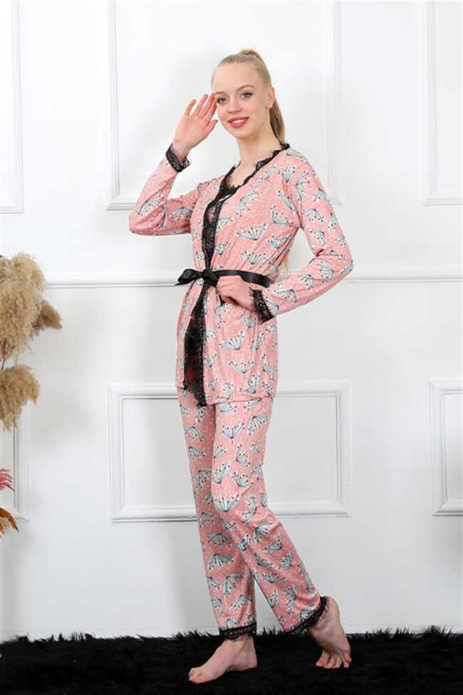 Moda Çizgi Kadın 3'lü Somon Sabahlık Pijama Takım 16103 - 3