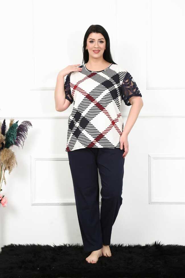 Moda Çizgi Kadın 5XL-6XL-7XL-8XL Büyük Beden Kısa Kol Pijama Takım 75003 - 2