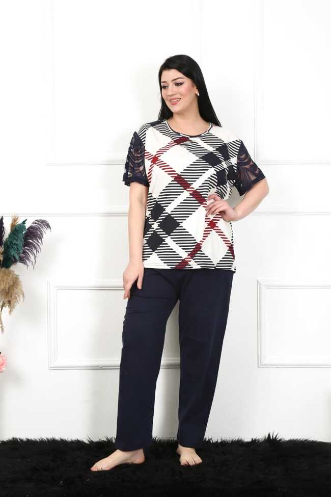 Moda Çizgi Kadın 5XL-6XL-7XL-8XL Büyük Beden Kısa Kol Pijama Takım 75003 - 3