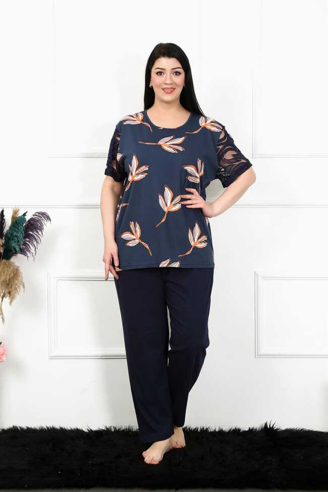 Moda Çizgi Kadın 5XL-6XL-7XL-8XL Büyük Beden Kısa Kol Pijama Takım 75005 - 2