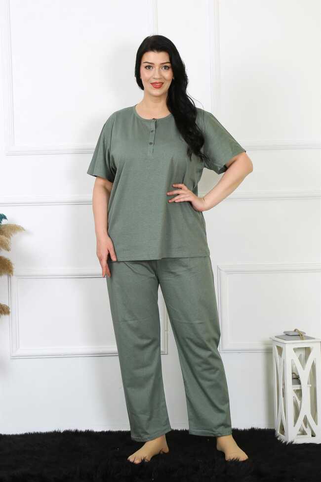 Moda Çizgi Kadın 5XL-6XL-7XL-8XL Büyük Beden Yeşil Kısa Kol Pijama Takım 75012 - 1