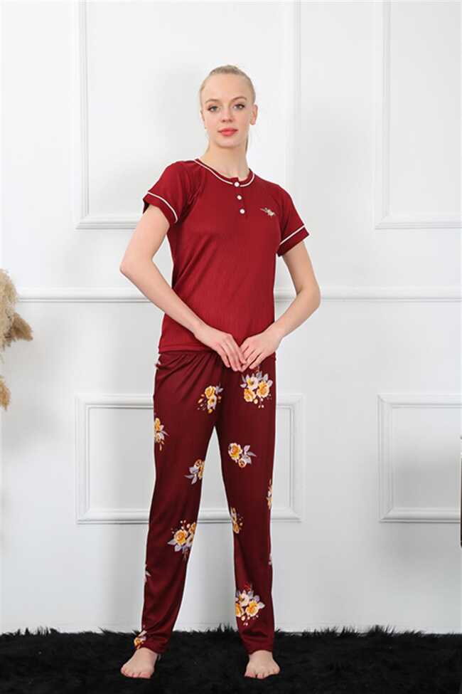 Moda Çizgi Kadın Bordo Kısa Kol Pijama Takım 20388 - 2