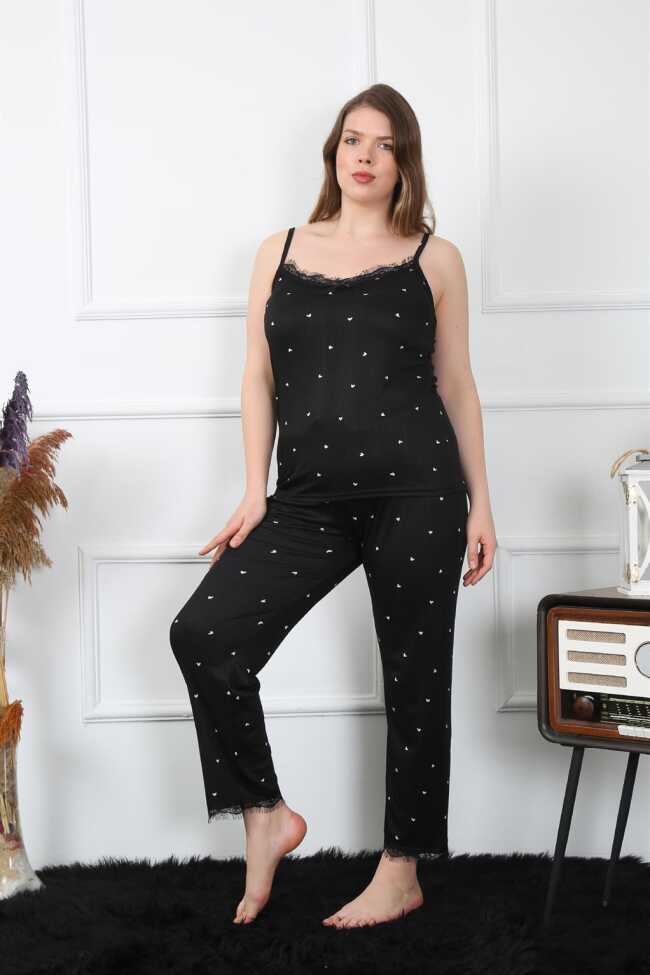 Moda Çizgi Kadın Büyük Beden Siyah İp Askılı Pijama Takım 202196 - 1