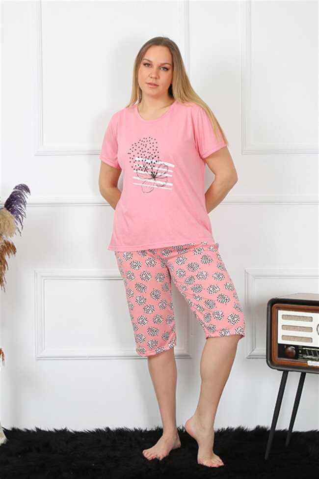 Moda Çizgi Kadın Büyük Beden Viscon Pembe Kapri Pijama Takım 202192 - 4