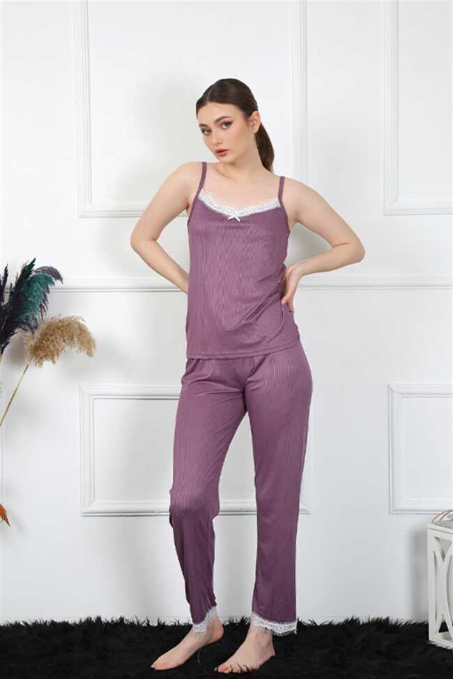 Moda Çizgi Kadın İp Askılı Mürdüm Pijama Takım 4136 - 2