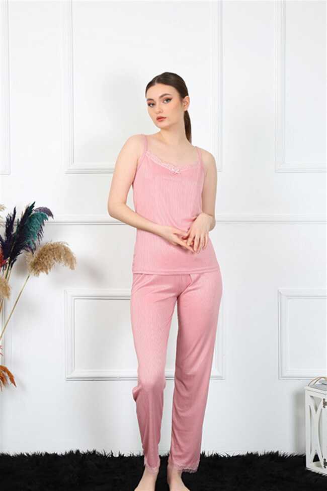 Moda Çizgi Kadın İp Askılı Somon Pijama Takım 4136 - 1