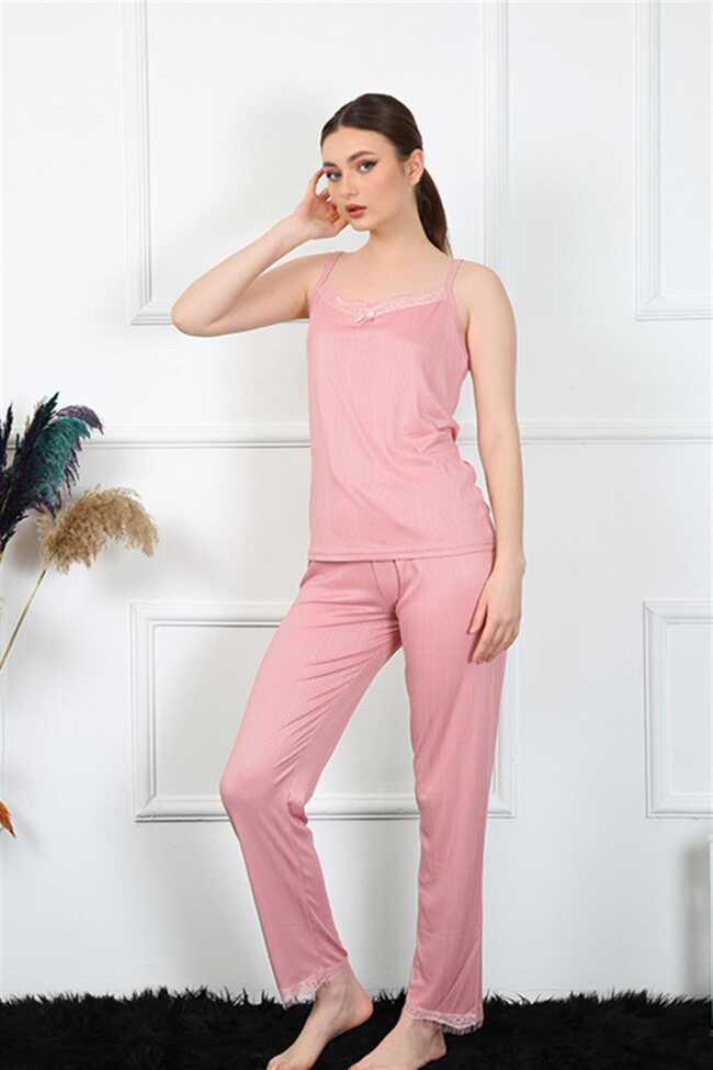 Moda Çizgi Kadın İp Askılı Somon Pijama Takım 4136 - 2