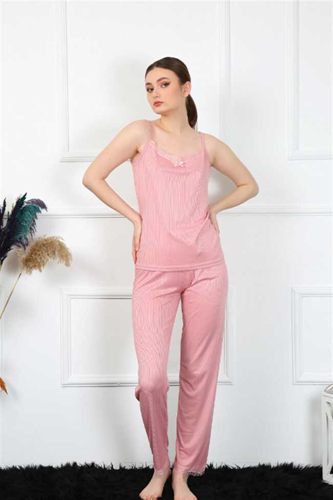 Moda Çizgi Kadın İp Askılı Somon Pijama Takım 4136 - 3