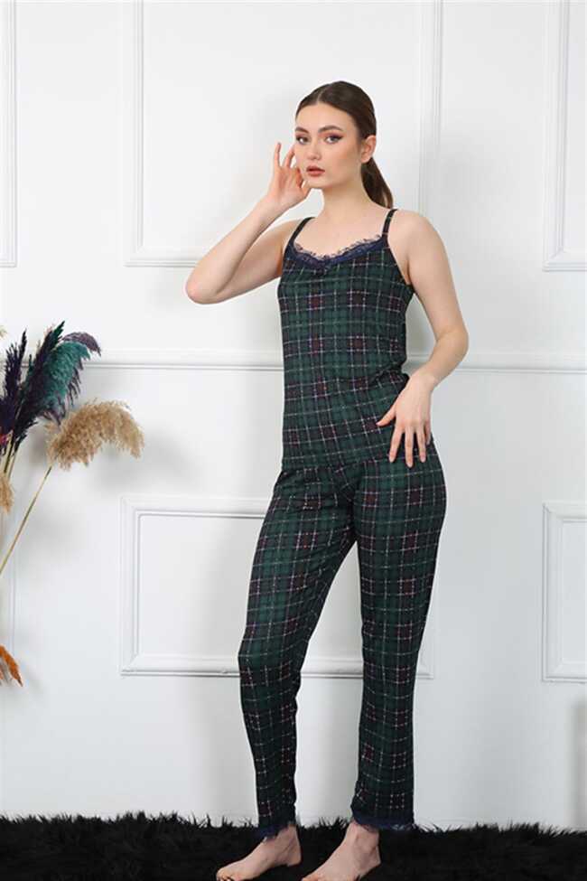 Moda Çizgi Kadın İp Askılı Yeşil Ekoseli Pijama Takım 4135 - 1