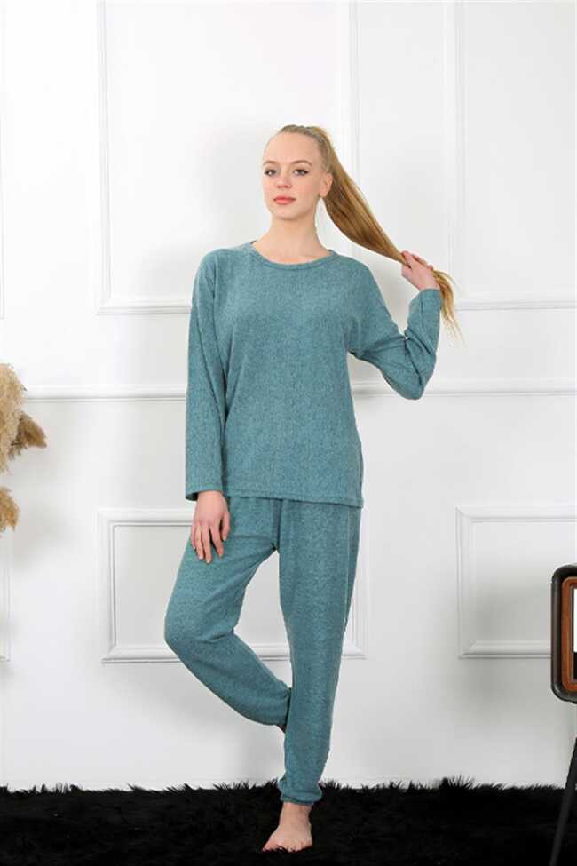 Moda Çizgi Kadın Kalın Uzun Kol Penye İndigo Pijama Takım 4131 - 2