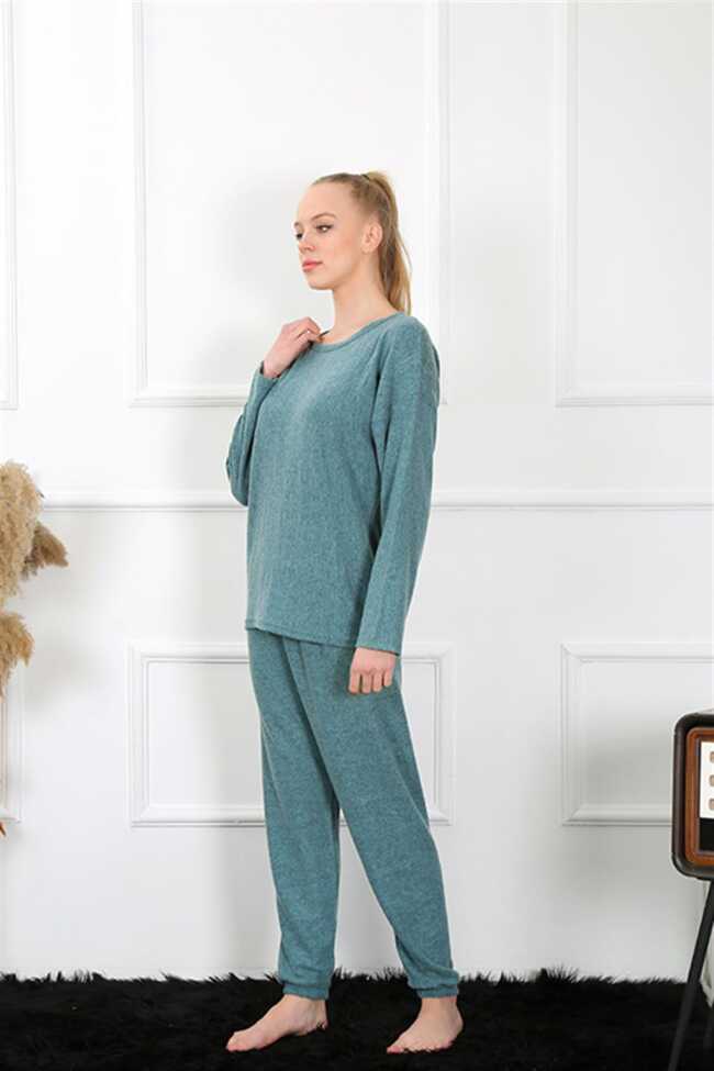 Moda Çizgi Kadın Kalın Uzun Kol Penye İndigo Pijama Takım 4131 - 4