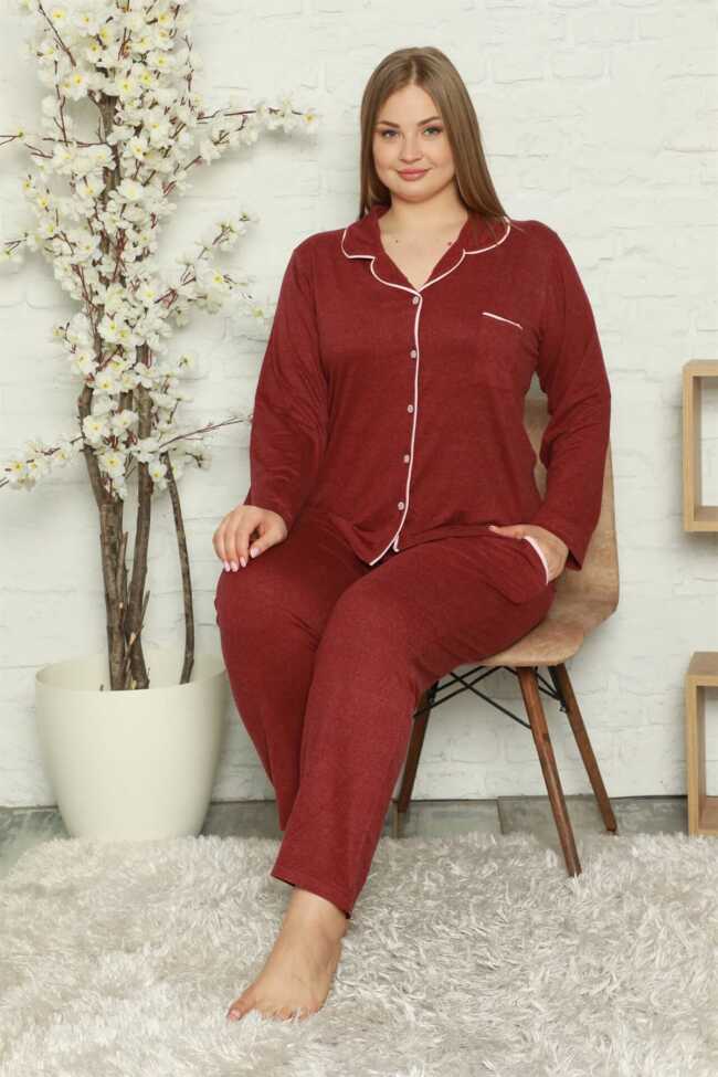 Moda Çizgi Kadın Pamuklu Cepli Uzun Kol Büyük Beden Pijama Takım 202051 - 2