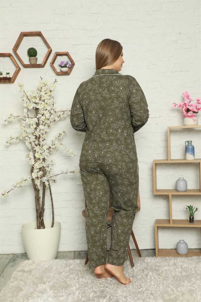 Moda Çizgi Kadın Pamuklu Cepli Uzun Kol Büyük Beden Pijama Takım 202055 - 3