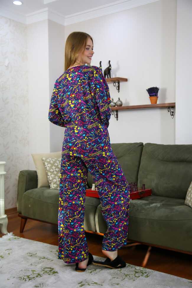 Moda Çizgi Kadın Penye Bol Paça Pijama Takım 4120 - 4