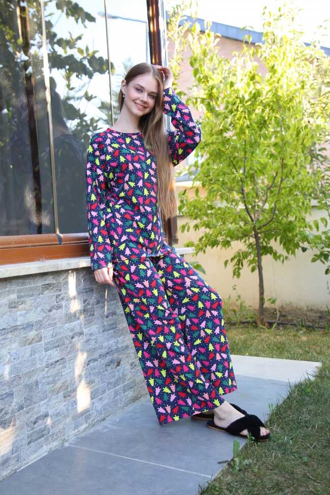 Moda Çizgi Kadın Penye Bol Paça Pijama Takım 4123 - 1