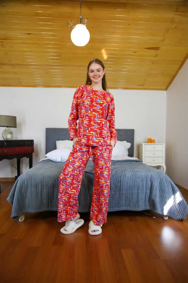 moda çizgi Kadın Penye Bol Paça Pijama Takım 4127 - 1