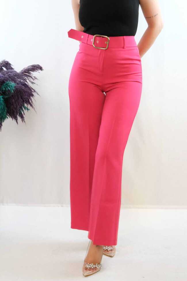 Moda Çizgi Kemerli Pantolon Pembe - 1