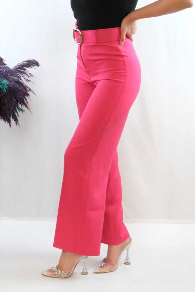 Moda Çizgi Kemerli Pantolon Pembe - 2