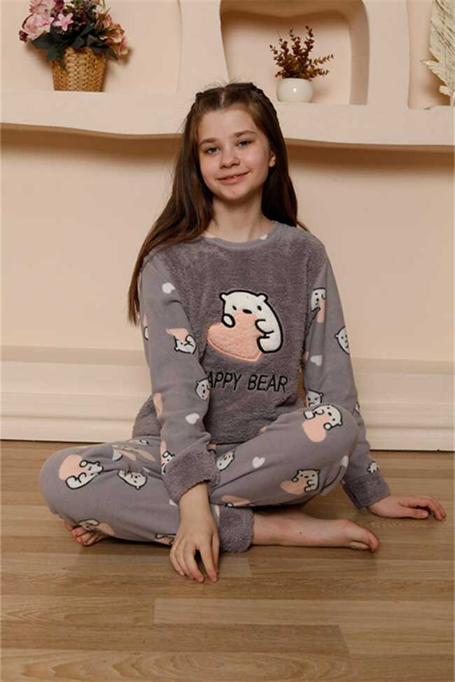 Moda Çizgi Kız Çocuk WelSoft Polar Gri Pijama Takımı 20523 - 1