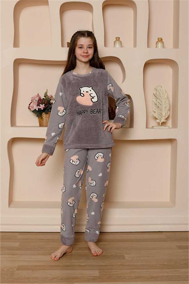 Moda Çizgi Kız Çocuk WelSoft Polar Gri Pijama Takımı 20523 - 3