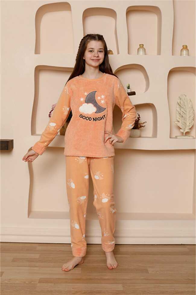 Moda Çizgi Kız Çocuk WelSoft Polar Turuncu Pijama Takımı 20526 - 1