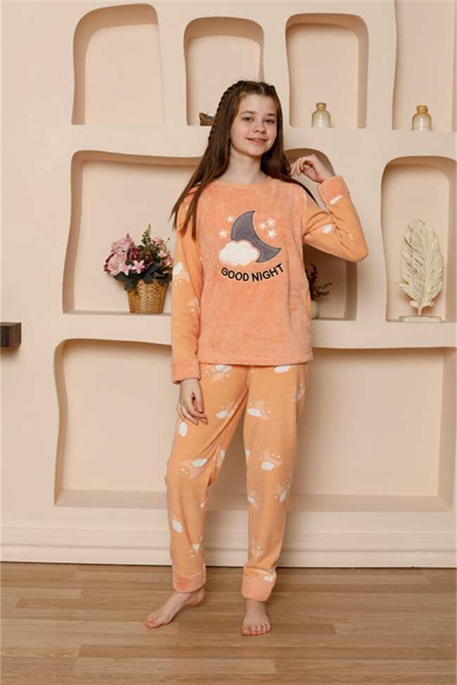 Moda Çizgi Kız Çocuk WelSoft Polar Turuncu Pijama Takımı 20526 - 2