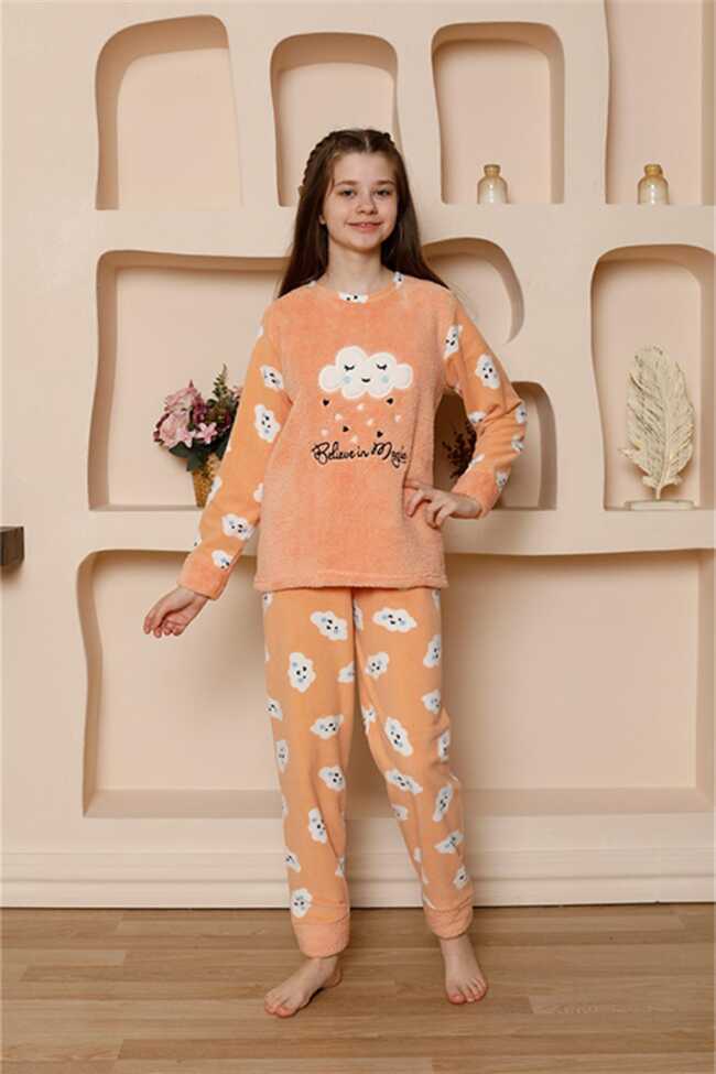 Moda Çizgi Kız Çocuk WelSoft Polar Turuncu Pijama Takımı 20527 - 3