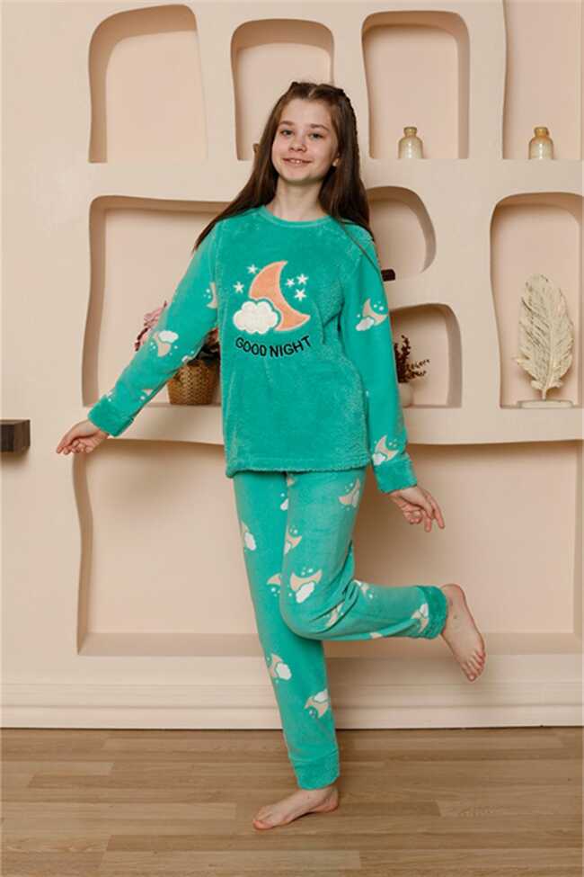 Moda Çizgi Kız Çocuk WelSoft Polar Yeşil Pijama Takımı 20526 - 2