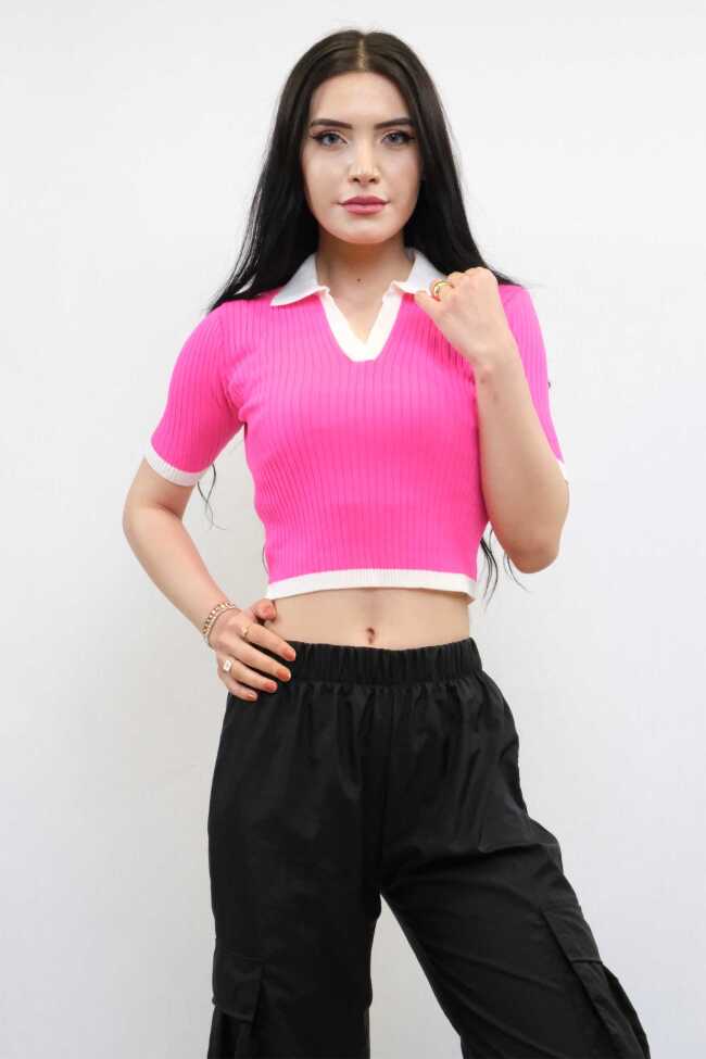 Moda Çizgi Renkli Yaka Triko Crop Pembe - 1