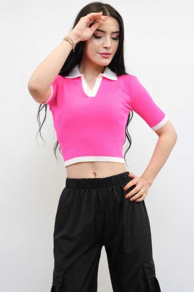 Moda Çizgi Renkli Yaka Triko Crop Pembe - 3