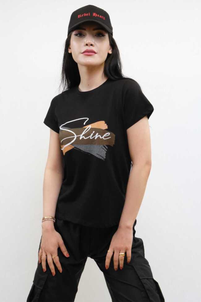 Moda Çizgi Shine Baskılı Tshirt Siyah - 3