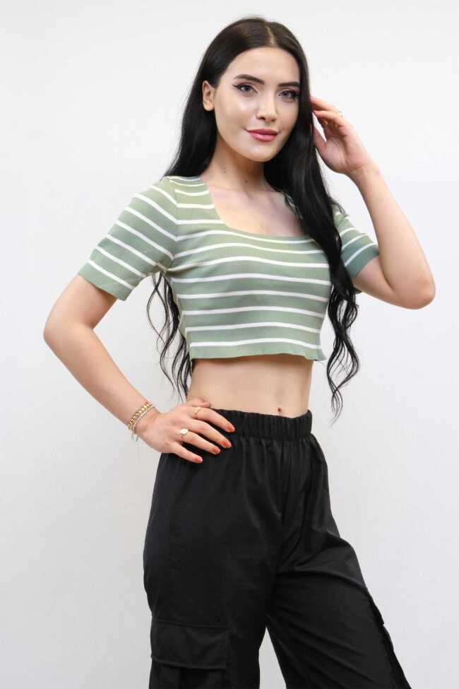 Moda Çizgi Triko Crop Çizgili Mint - 3