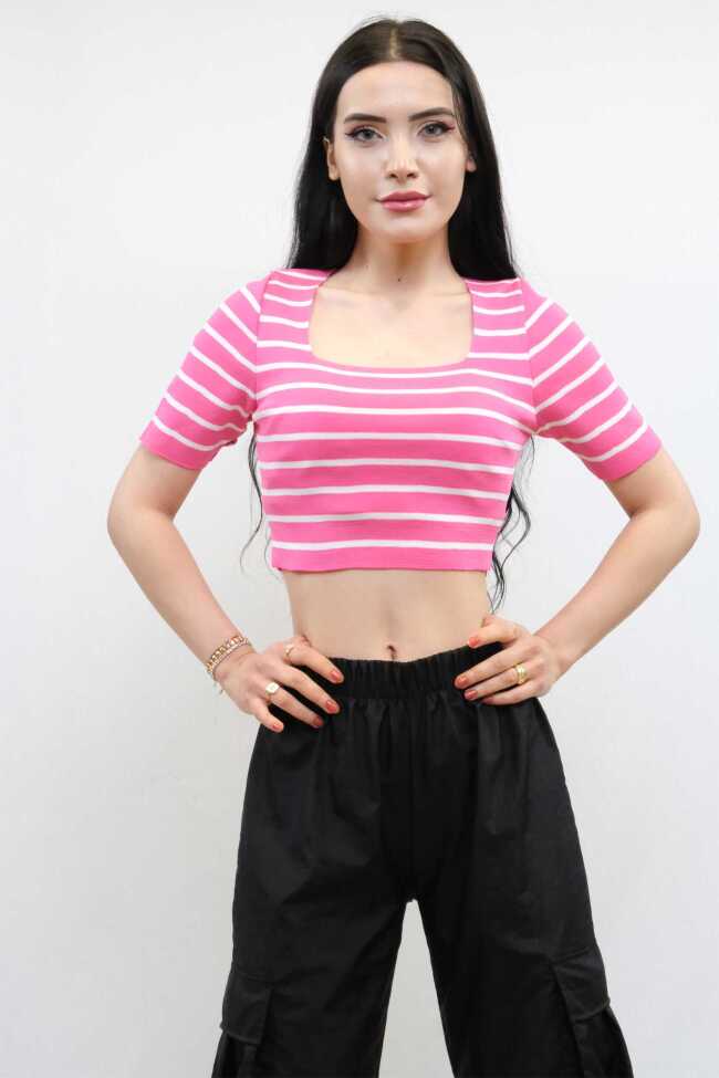 Moda Çizgi Triko Crop Çizgili Pembe - 2