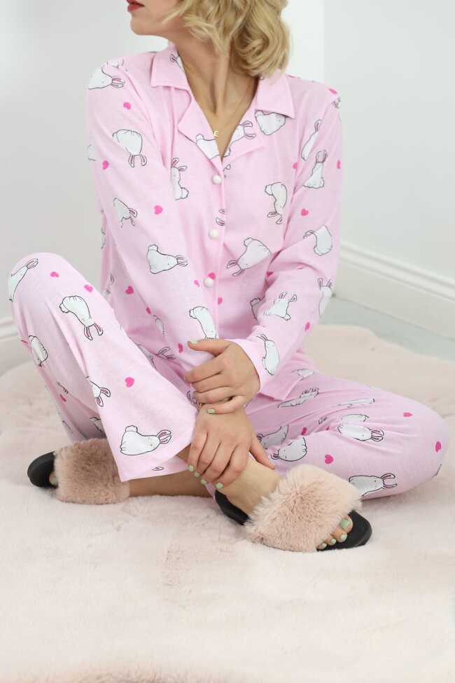 Önü Düğmeli Pijama Takımı Tozpembe - 1