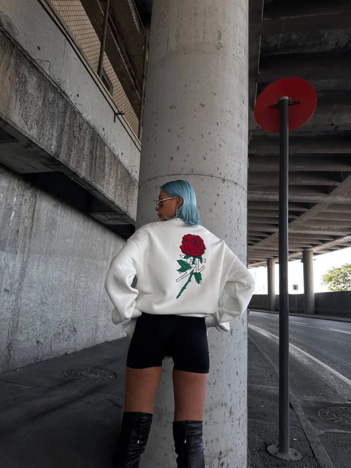 Oversize Üç İplik Bisiklet Yaka Baskılı SweatShirt - Beyaz - 3