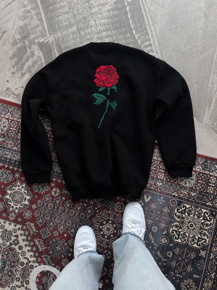 Oversize Üç İplik Bisiklet Yaka Baskılı SweatShirt - Siyah - 1