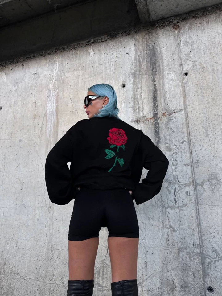 Oversize Üç İplik Bisiklet Yaka Baskılı SweatShirt - Siyah - 3