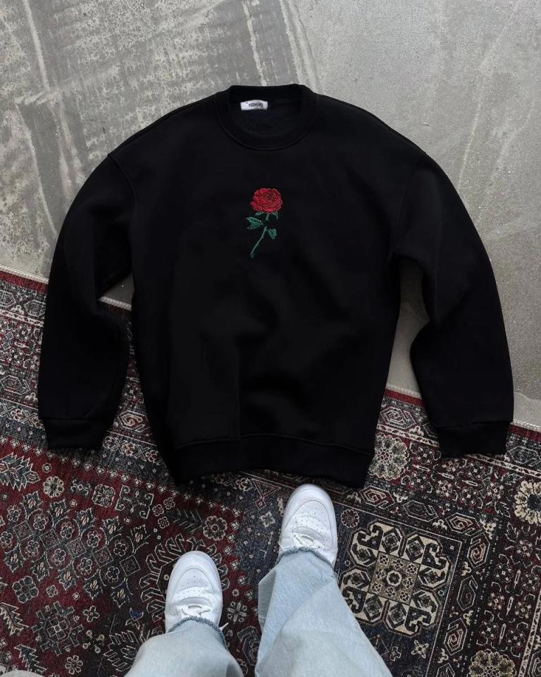 Oversize Üç İplik Bisiklet Yaka Baskılı SweatShirt - Siyah - 4