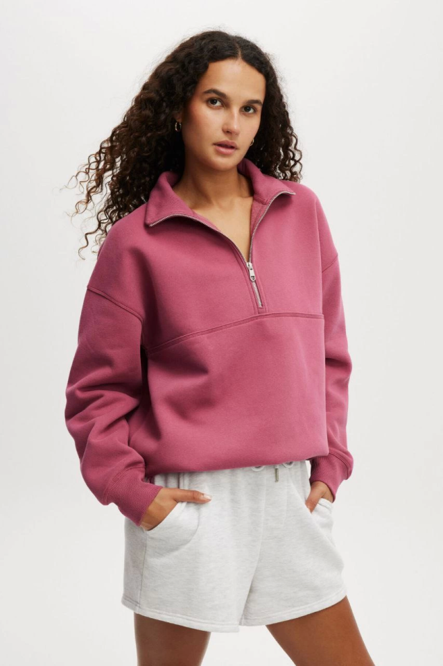 Oversize Yarım Farmuarlı Yakalı Basic SweatShirt - Gül Kurusu - 2