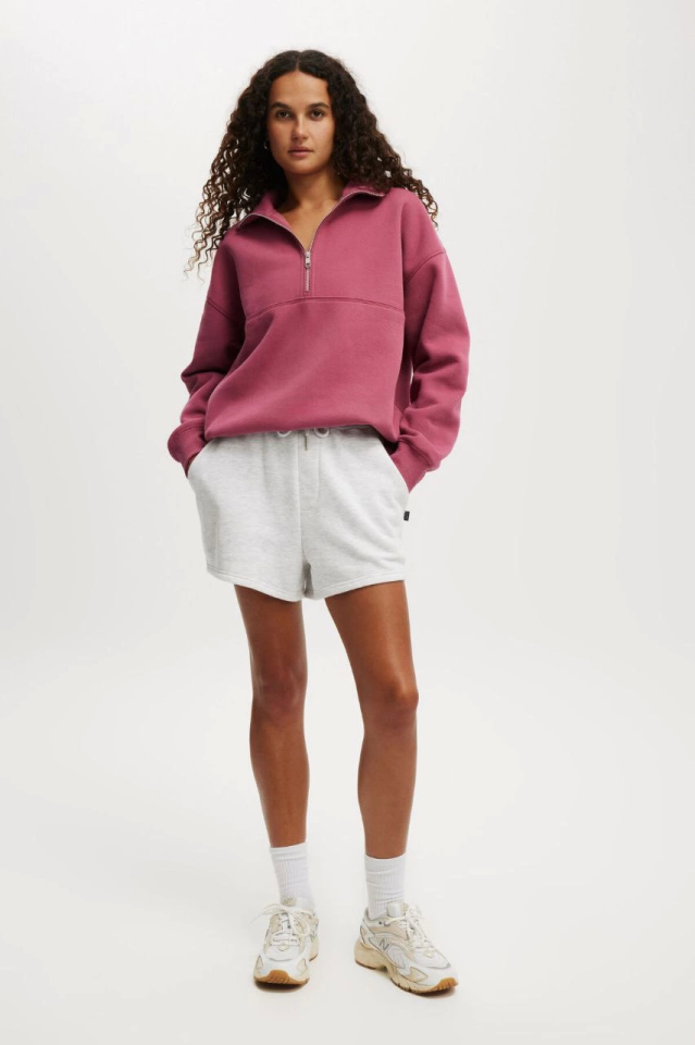 Oversize Yarım Farmuarlı Yakalı Basic SweatShirt - Gül Kurusu - 3