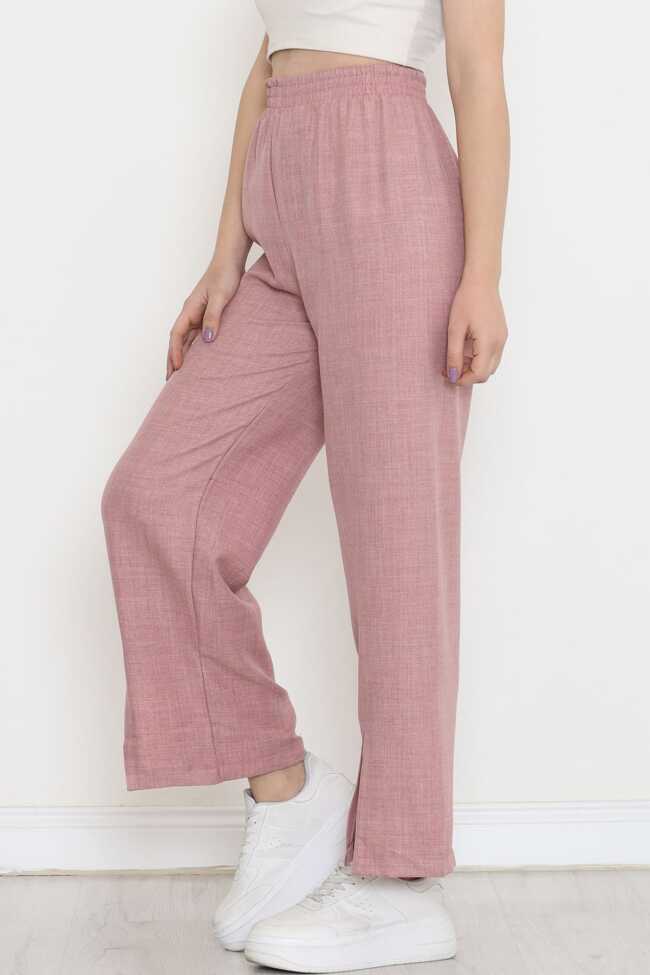 Paça Yırtmaçlı Keten Pantolon Pembe - 3