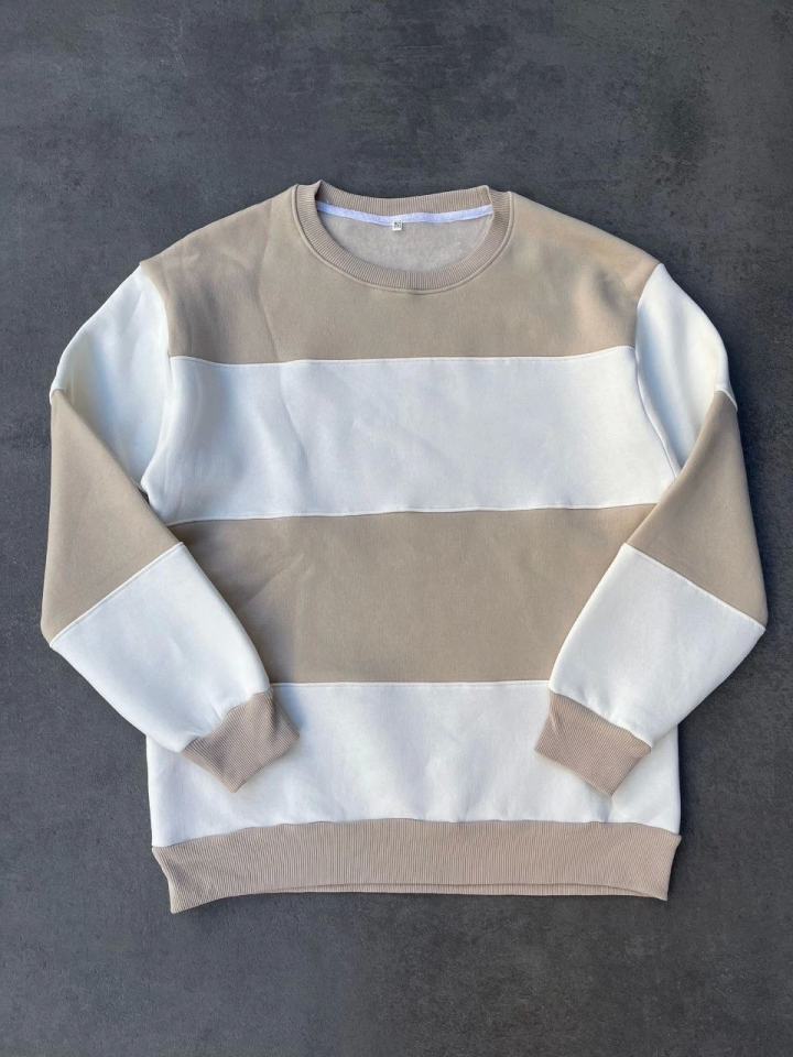 Parçalı Bisiklet Yaka Baskılı SweatShirt - Bej - 1