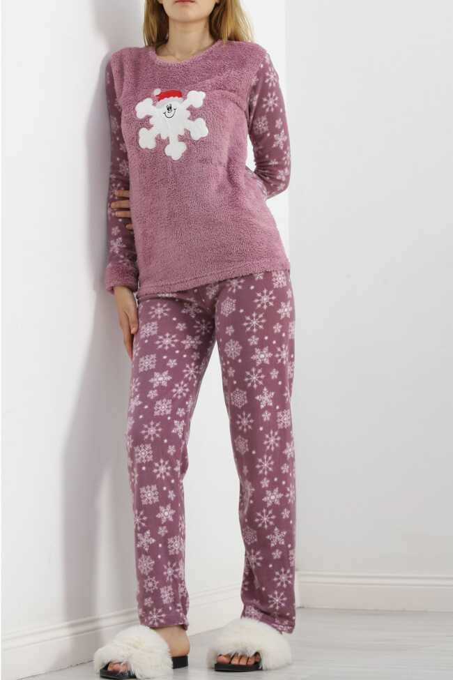 Peluş Polar Pijama Takımı Lilabeyaz - 4