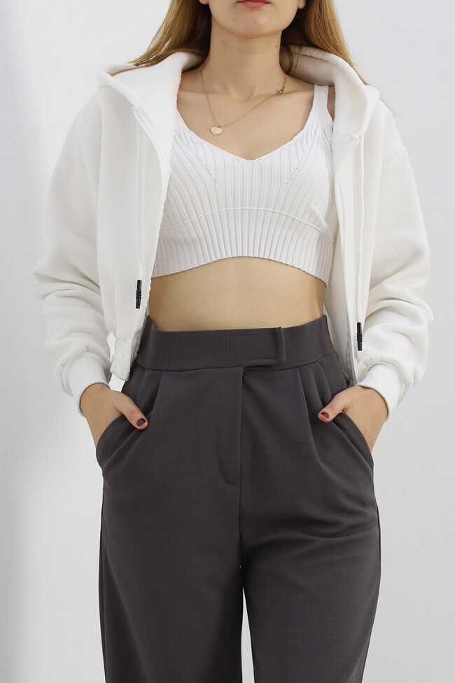 Şardonlu Crop Sweat Beyaz - 1