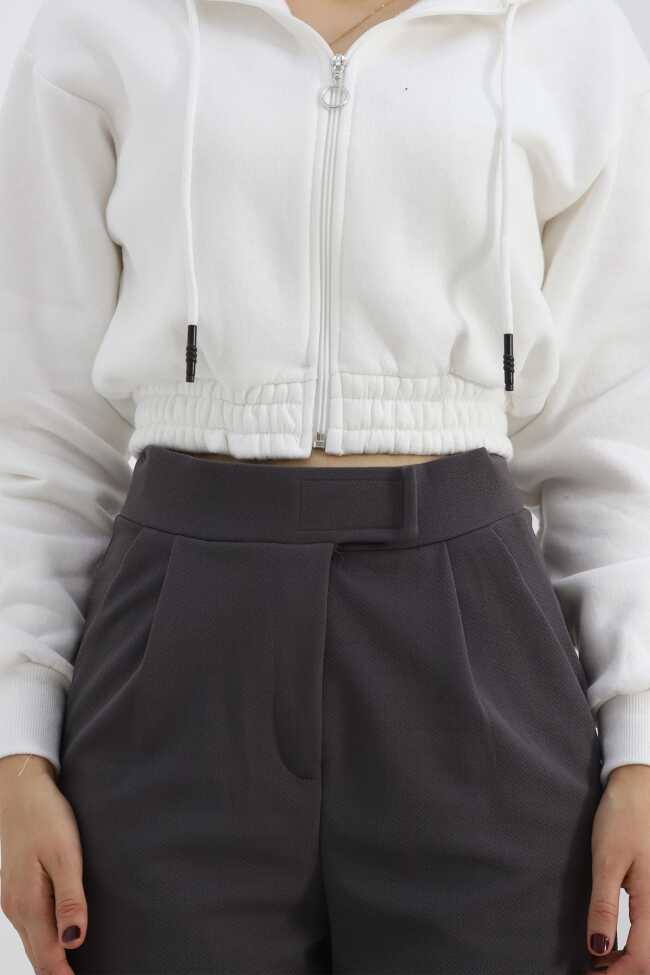 Şardonlu Crop Sweat Beyaz - 5