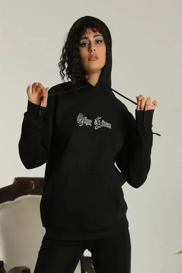 Sırt Baskılı Oversize Üç İplik Kapüşonlu Sweatshirt - Siyah - 1