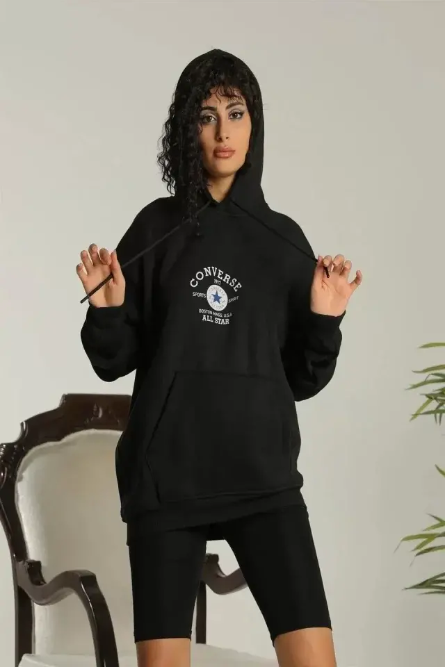 Sırt Baskılı Oversize Üç İplik Kapüşonlu Sweatshirt - Siyah - 3